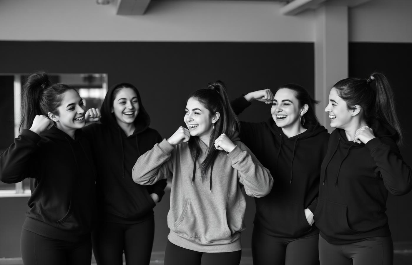 Group of women in hoodies flexing and laughing together